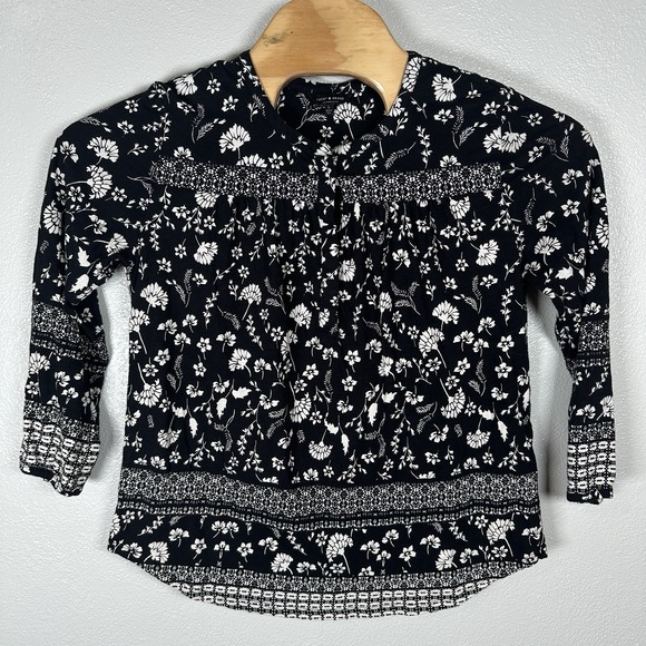 Lucky Brand Tops - Lucky Brand Popover Top Size Large Black Cream Floral Cotton Peasant Long Sleeve
